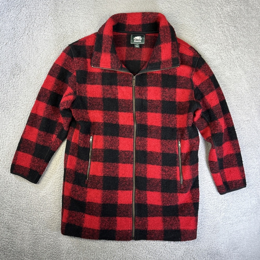 Roots‎ Jacket Womens Large Red Black Buffalo Plaid Wool Acrylic Full Zip Coat